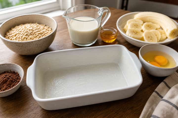 Banana Cacao Baked Oats cooking step 1: Get prepped.