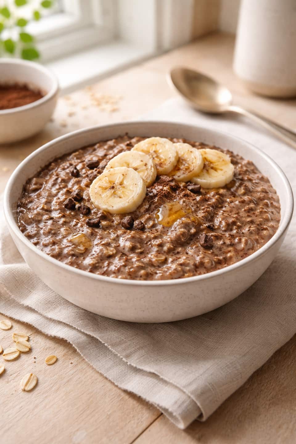 Banana Cacao Porridge plated and ready to serve.