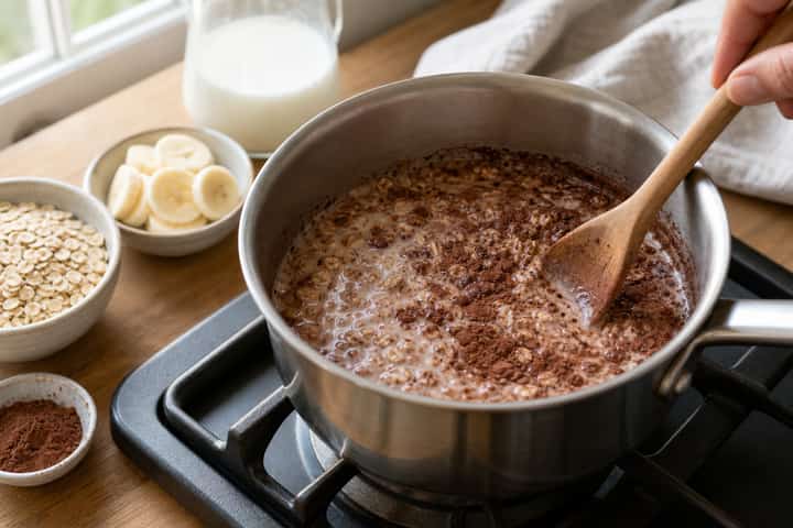 Banana Cacao Porridge cooking step 2: Start cooking.