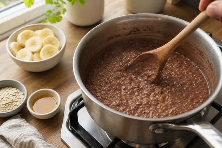 Banana Cacao Porridge cooking step 3: Build the flavour.