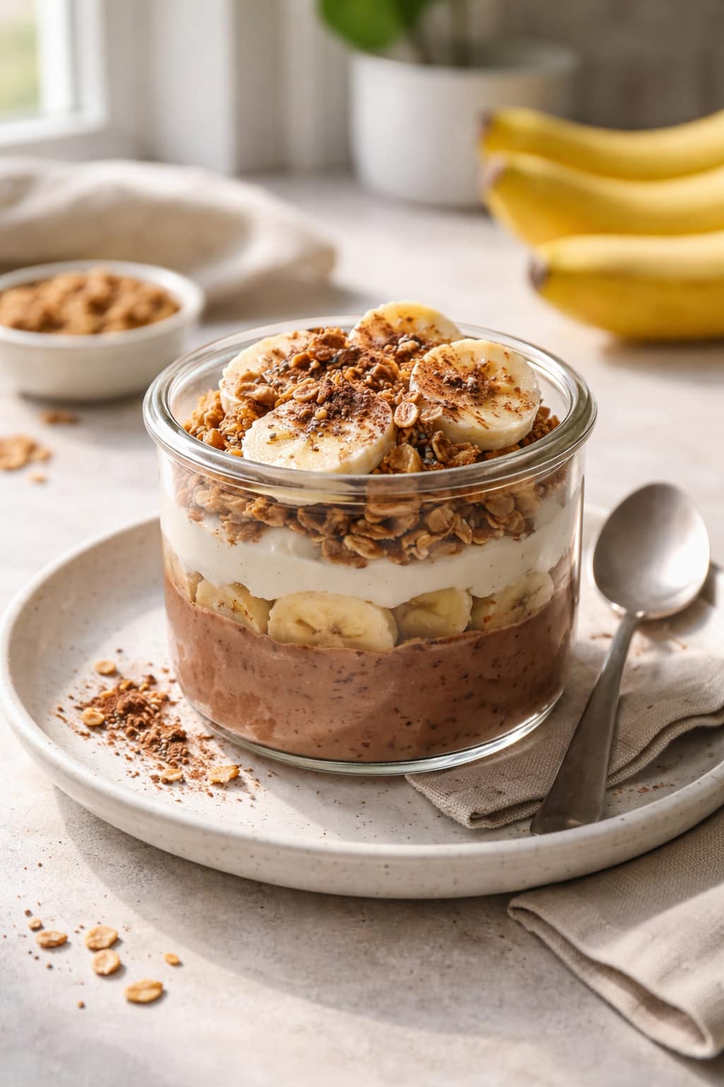 Banana Cacao Yogurt Pots plated and ready to serve.