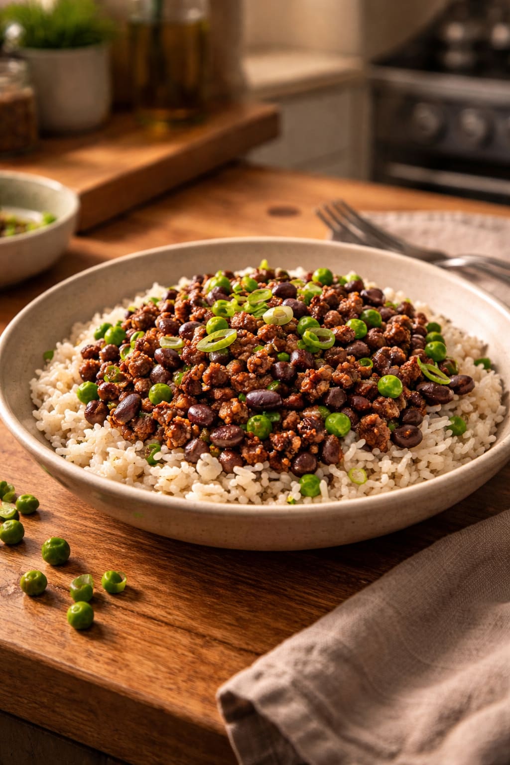 Beef Bean Rice Bowls plated and ready to serve.