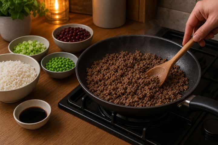 Beef Bean Rice Bowls cooking step 3: Build the flavour.