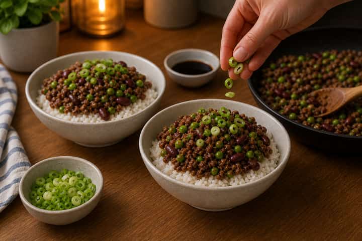Beef Bean Rice Bowls cooking step 6: Serve.