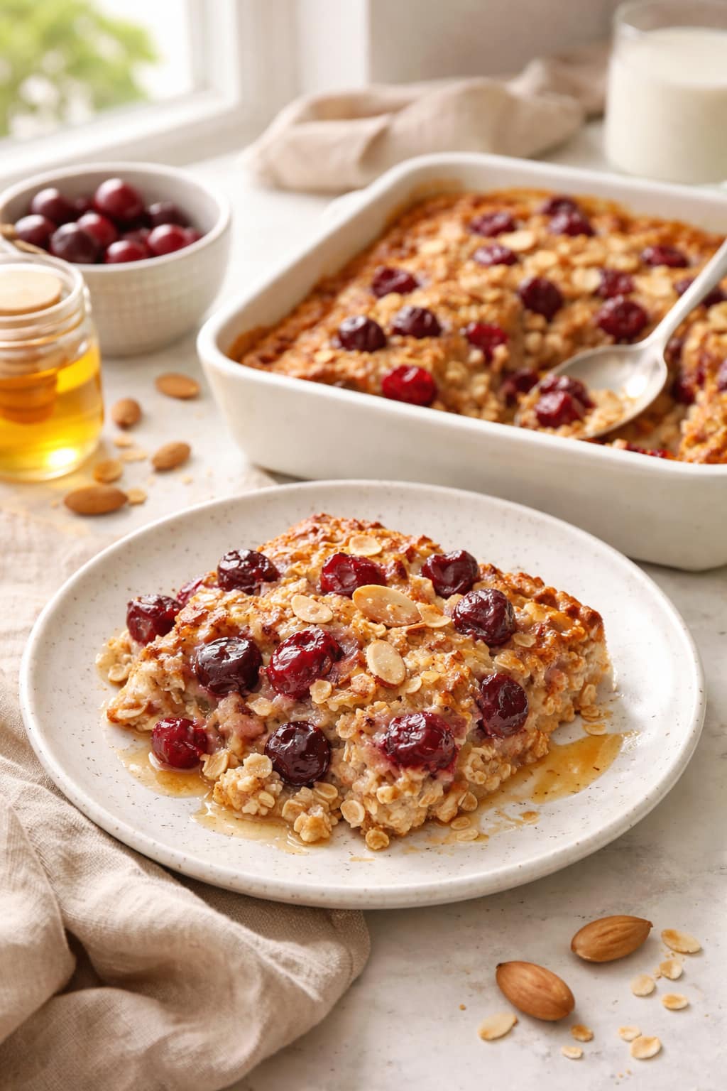 Cherry Almond Baked Oats plated and ready to serve.