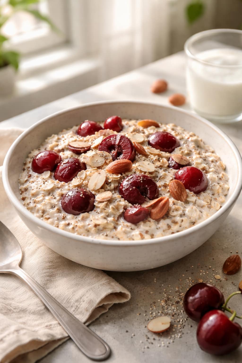 Cherry Almond overnight oats in bowls with fruit and crunchy topping.