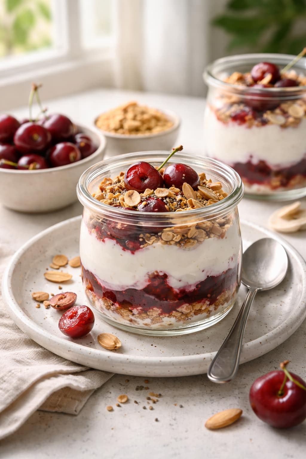 Cherry Almond Yogurt Pots plated and ready to serve.