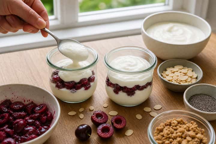 Cherry Almond Yogurt Pots cooking step 3: Build the flavour.