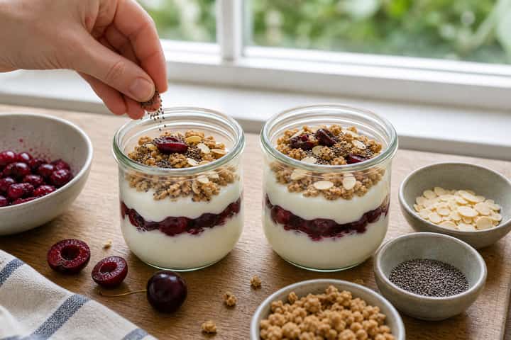 Cherry Almond Yogurt Pots cooking step 4: Bring it together.