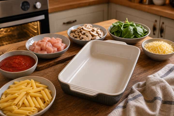 Chicken Mushroom Pasta Bake cooking step 1: Get prepped.