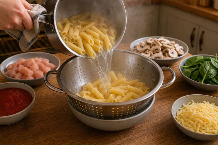 Chicken Mushroom Pasta Bake cooking step 2: Start cooking.