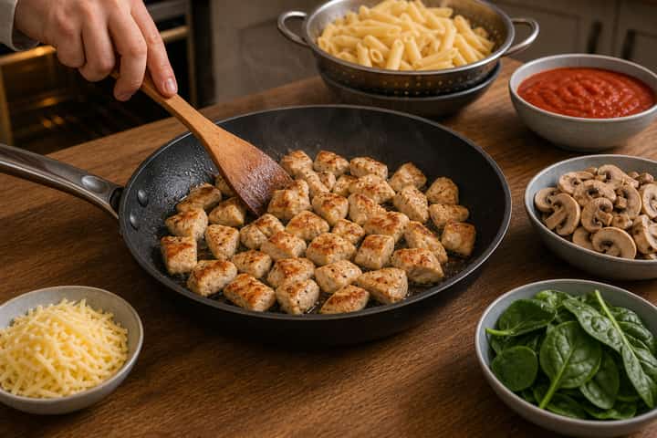 Chicken Mushroom Pasta Bake cooking step 4: Bring it together.