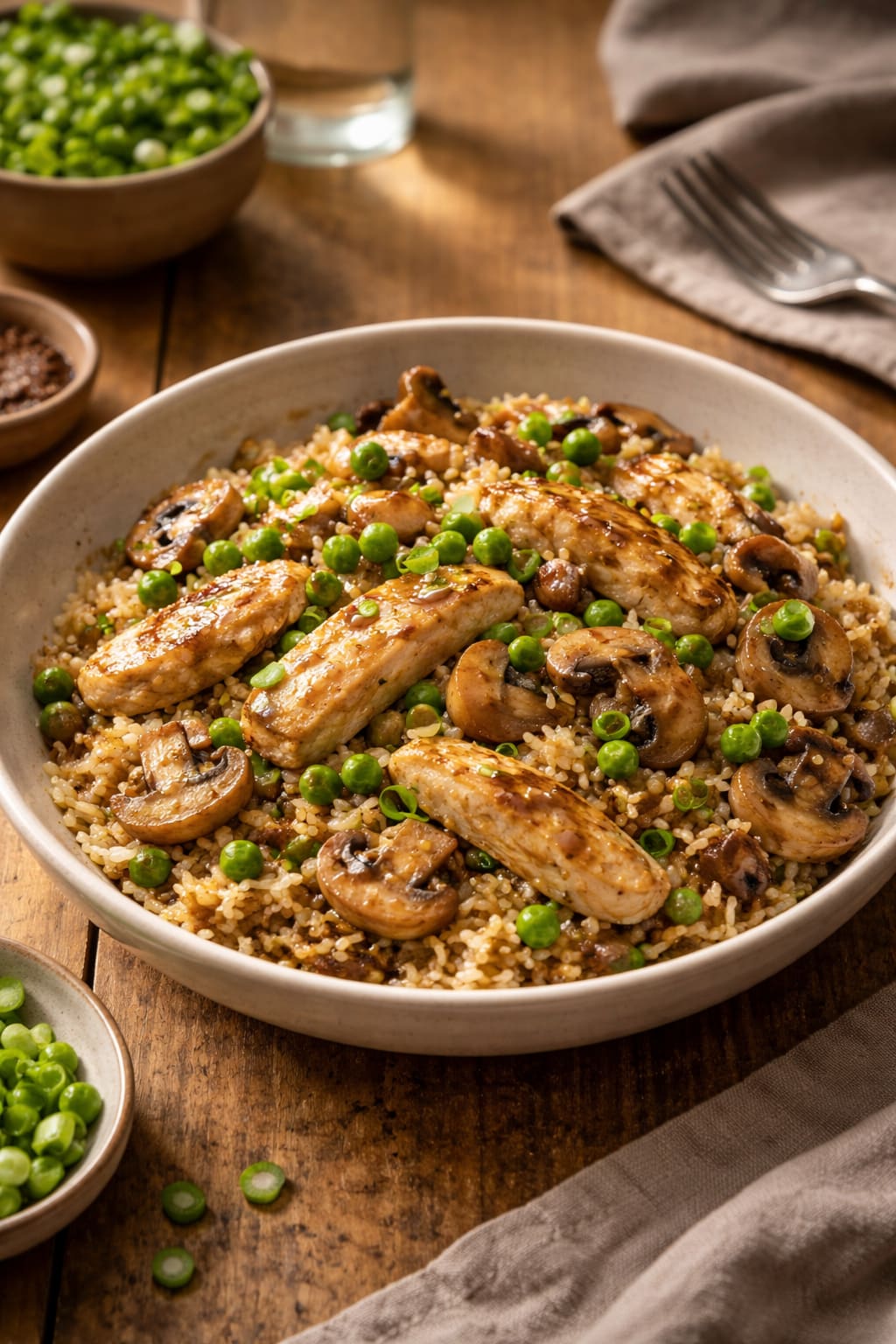 Chicken Mushroom Rice Bowls plated and ready to serve.