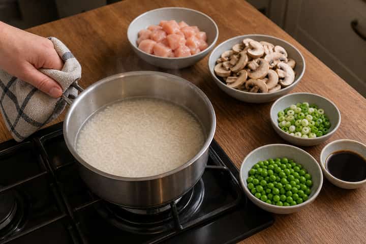 Chicken Mushroom Rice Bowls cooking step 1: Get prepped.