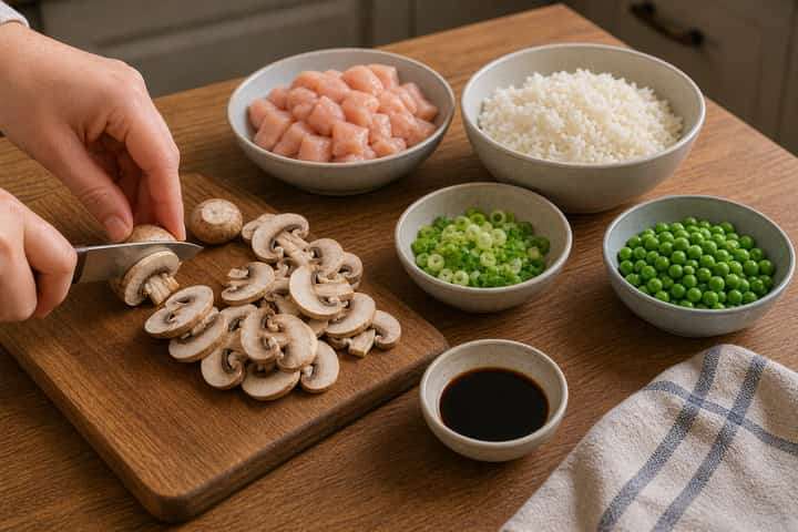 Chicken Mushroom Rice Bowls cooking step 2: Start cooking.
