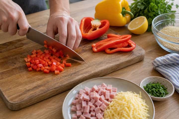 Ham Cheddar Couscous Boxes cooking step 2: Start cooking.