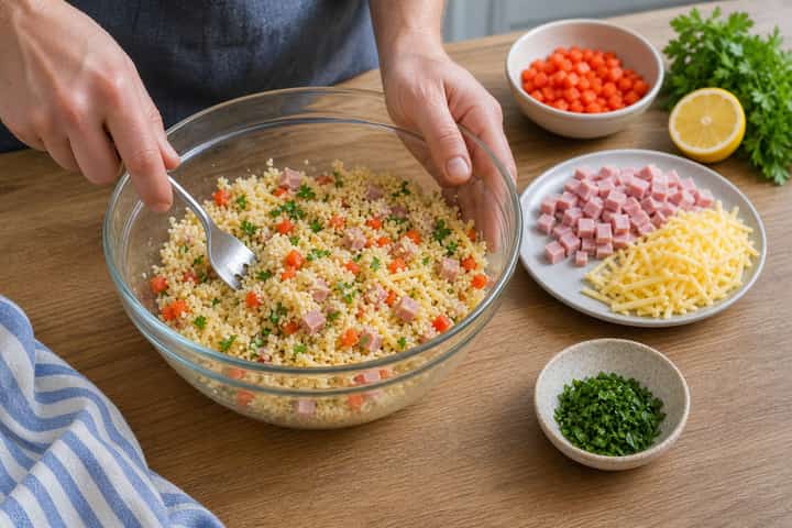 Ham Cheddar Couscous Boxes cooking step 4: Bring it together.