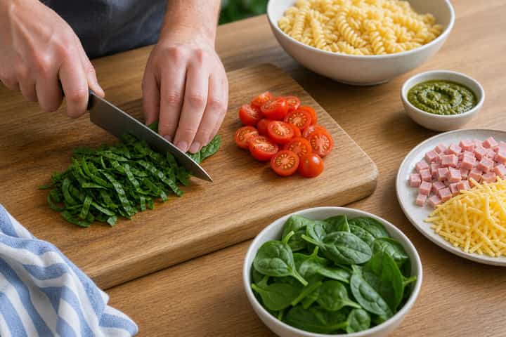 Ham Cheddar Pasta Salad cooking step 2: Start cooking.