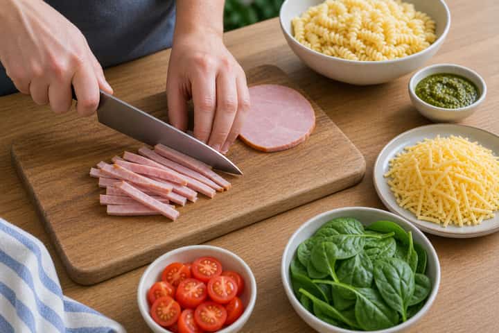 Ham Cheddar Pasta Salad cooking step 3: Build the flavour.