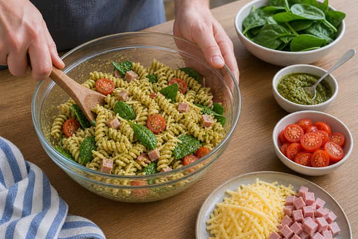 Ham Cheddar Pasta Salad cooking step 4: Bring it together.