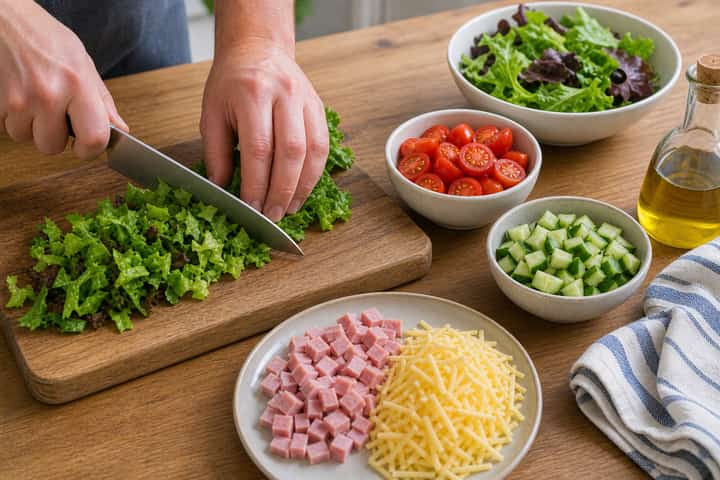 Ham Cheddar Salad Boxes cooking step 1: Get prepped.
