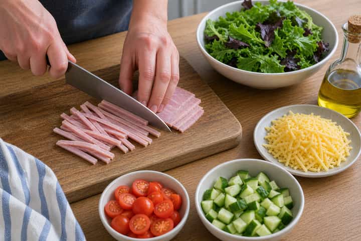 Ham Cheddar Salad Boxes cooking step 2: Start cooking.