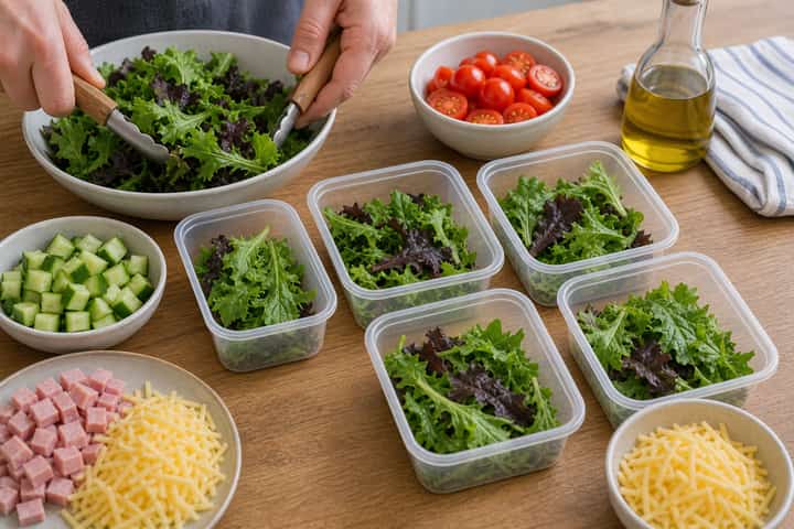 Ham Cheddar Salad Boxes cooking step 3: Build the flavour.
