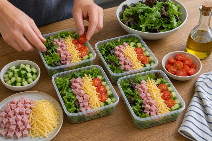 Ham Cheddar Salad Boxes cooking step 4: Bring it together.