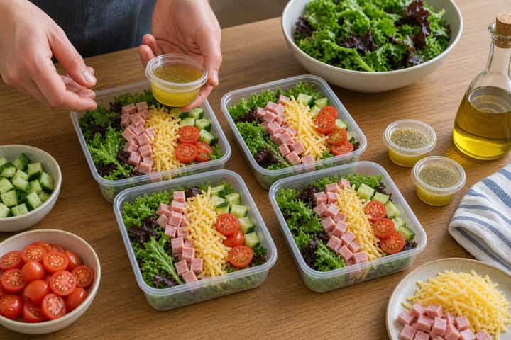 Ham Cheddar Salad Boxes cooking step 5: Finish the dish.