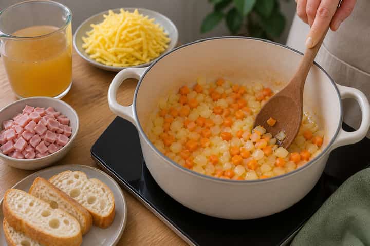 Ham Cheddar Soup Pots cooking step 2: Start cooking.