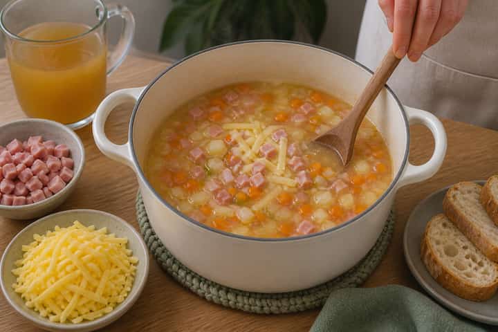 Ham Cheddar Soup Pots cooking step 3: Build the flavour.