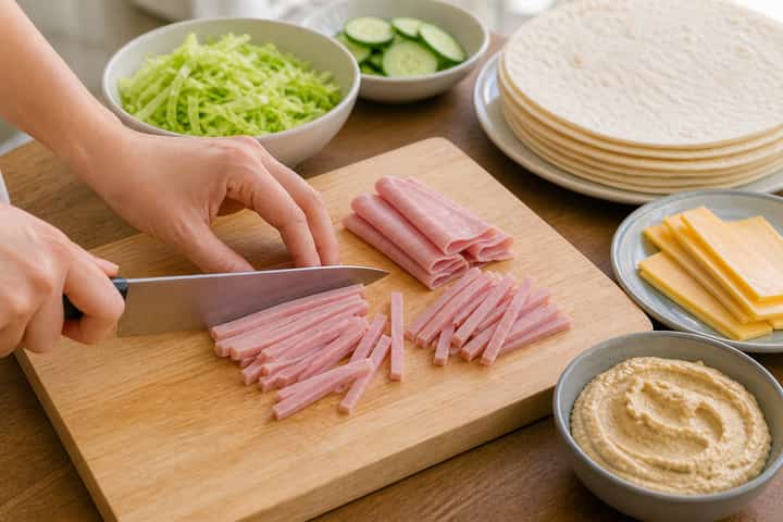 Ham Cheddar Wraps cooking step 2: Start cooking.