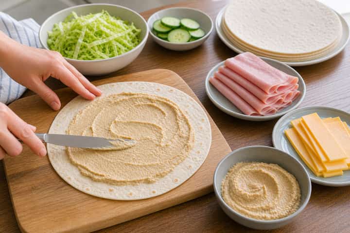 Ham Cheddar Wraps cooking step 4: Bring it together.