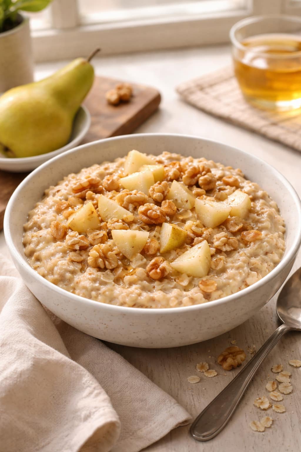 Pear Walnut Porridge plated and ready to serve.