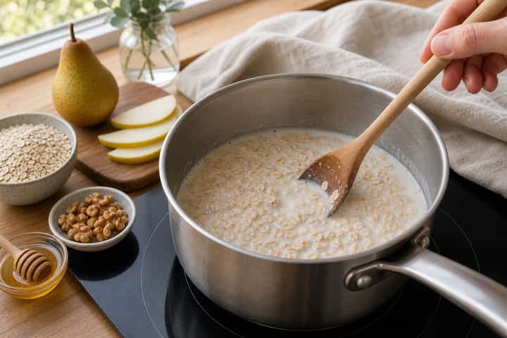 Pear Walnut Porridge cooking step 2: Start cooking.