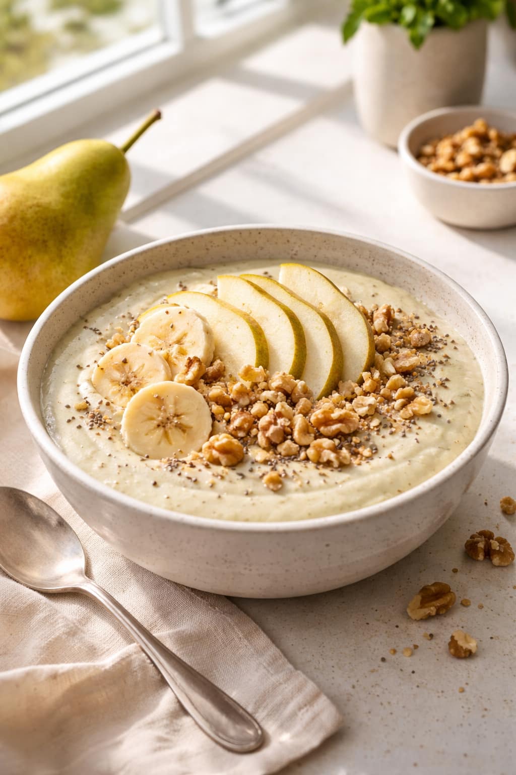Pear Walnut smoothie bowls topped with granola and fruit.