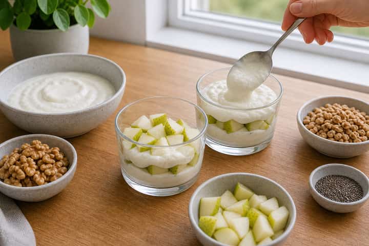 Pear Walnut Yogurt Pots cooking step 3: Build the flavour.