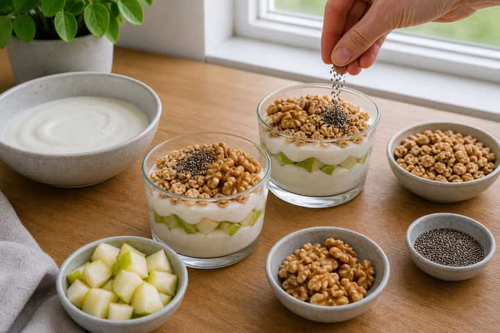 Pear Walnut Yogurt Pots cooking step 4: Bring it together.