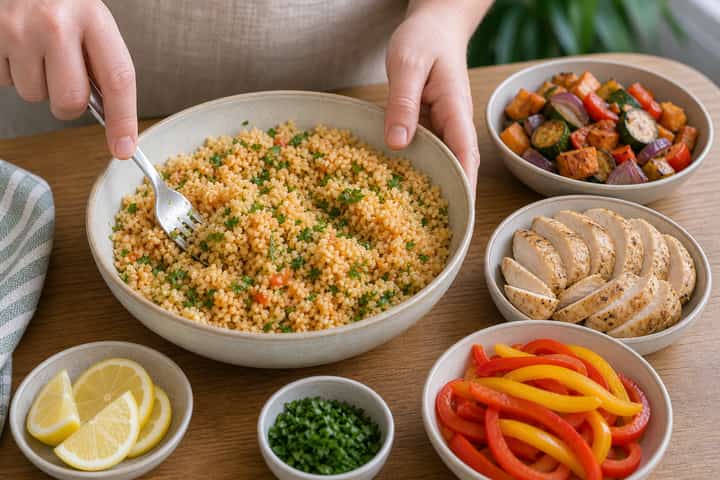 Roast Chicken Couscous Boxes cooking step 4: Bring it together.
