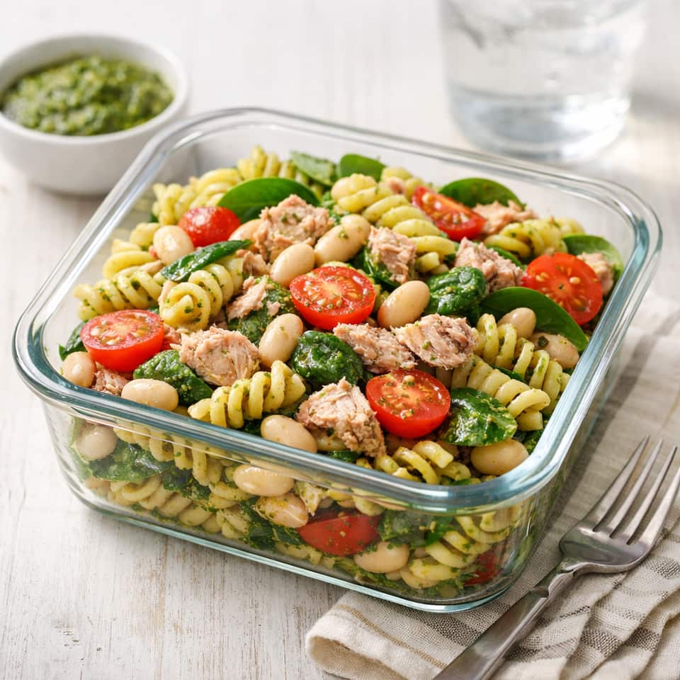 Tuna Bean Pasta Salad plated and ready to serve.