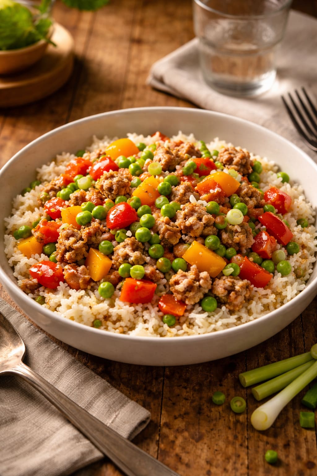 Turkey Pepper Rice Bowls plated and ready to serve.