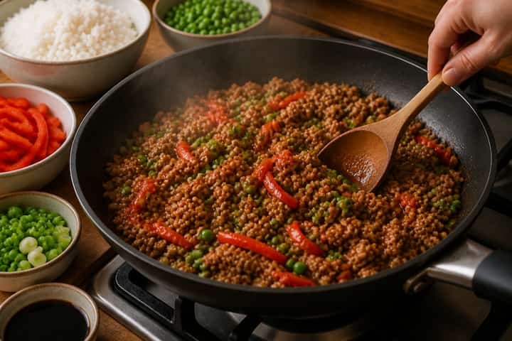 Turkey Pepper Rice Bowls cooking step 4: Bring it together.