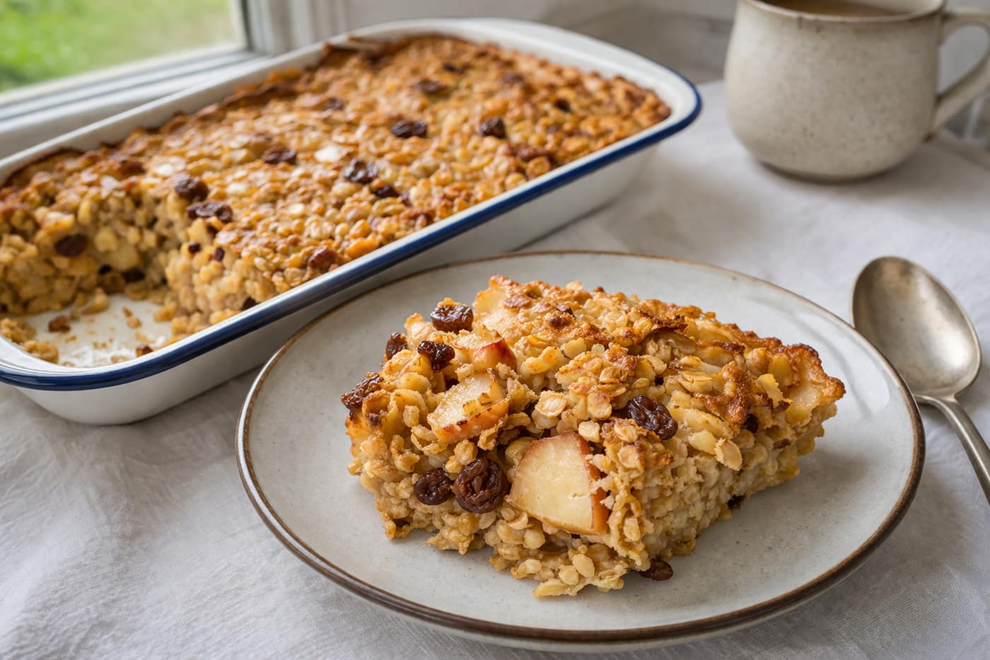 Apple Raisin Baked Oats plated and ready to serve.