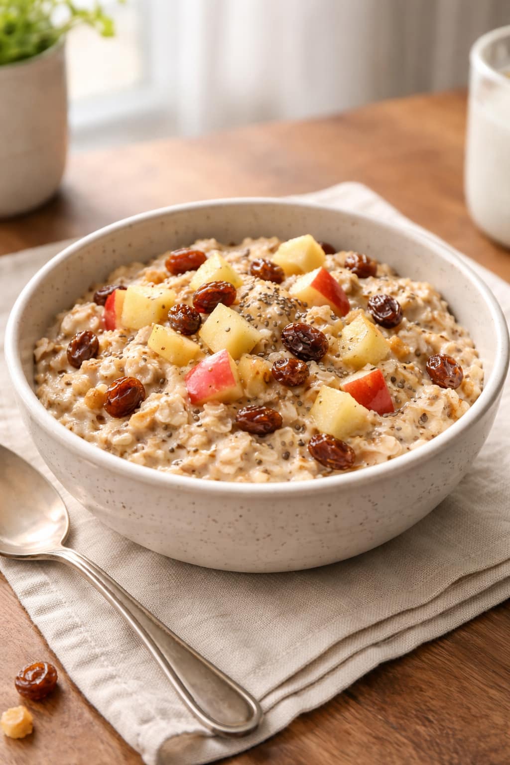 Apple Raisin overnight oats in bowls with fruit and crunchy topping.
