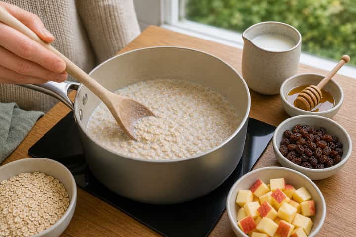 Apple Raisin Porridge cooking step 2: Start cooking.