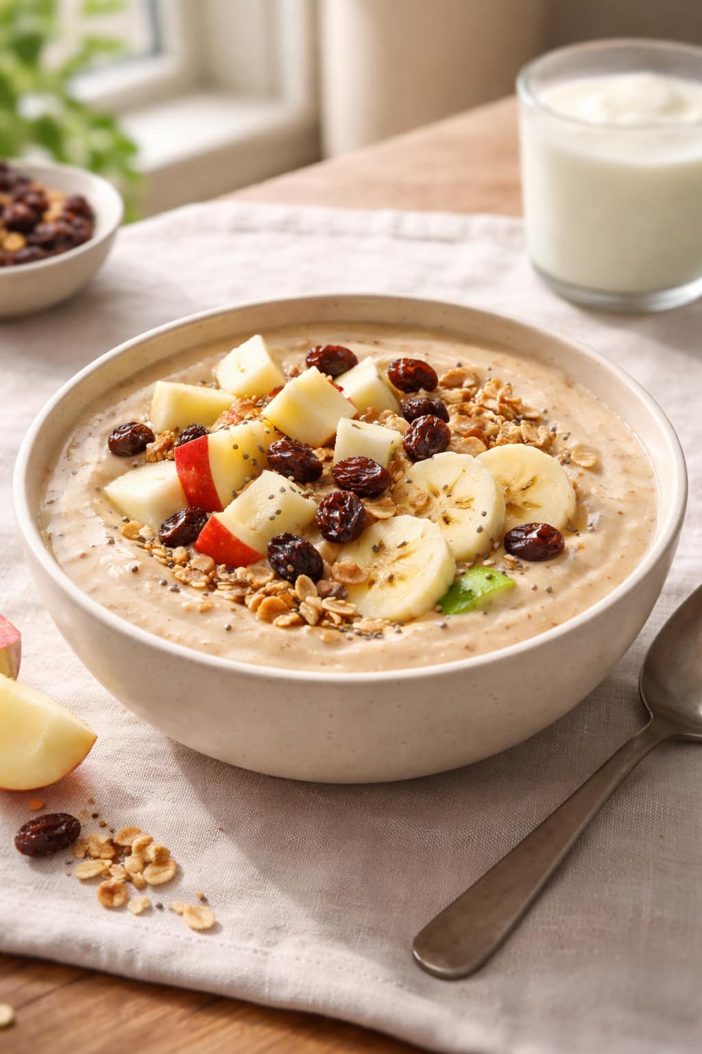 Apple Raisin smoothie bowls topped with granola and fruit.