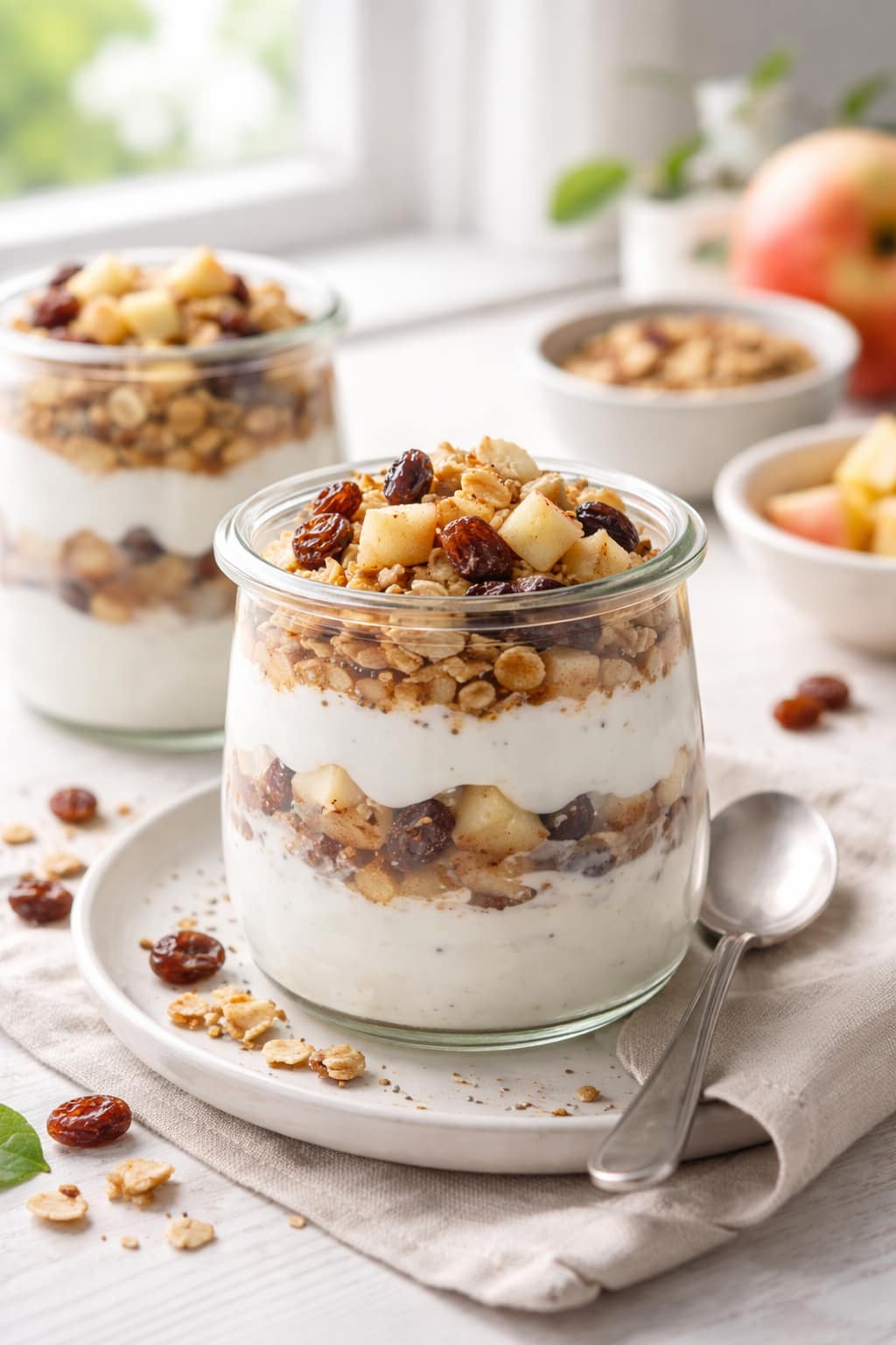 Apple Raisin yogurt pots layered with fruit and granola.