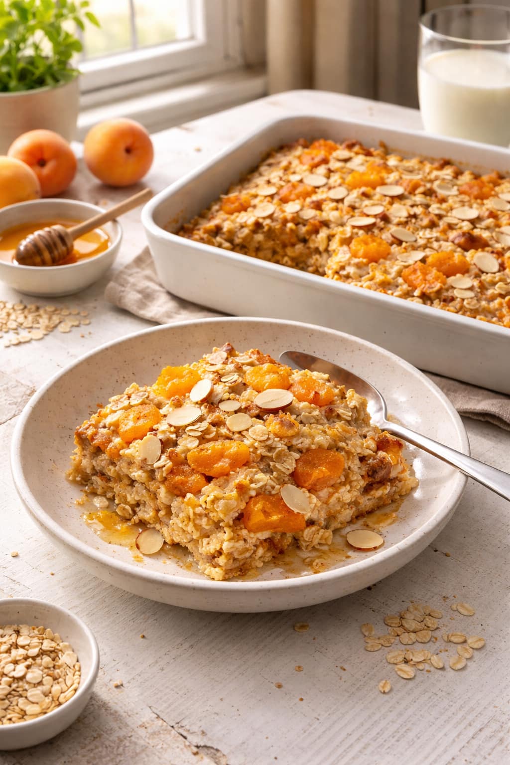 Apricot Almond Baked Oats plated and ready to serve.