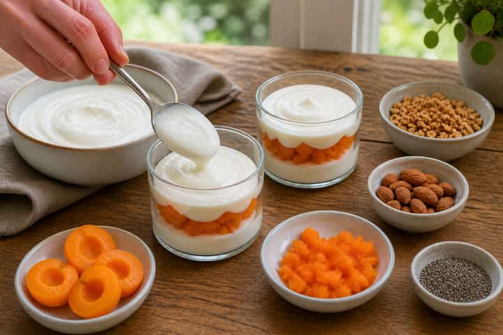 Apricot Almond Yogurt Pots cooking step 3: Build the flavour.