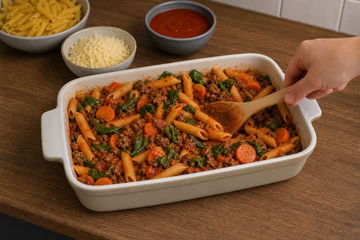 Beef Carrot Pasta Bake cooking step 5: Finish the dish.
